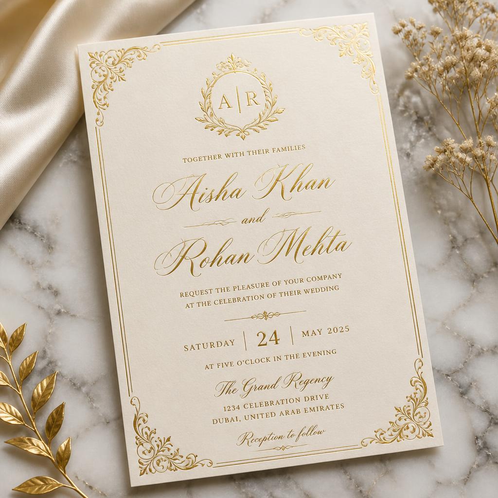 Elegant gold foil wedding invitation card with calligraphy on marble surface